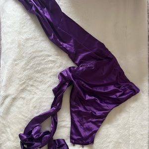 One-long sleeved purple silk shirt that ties into bow